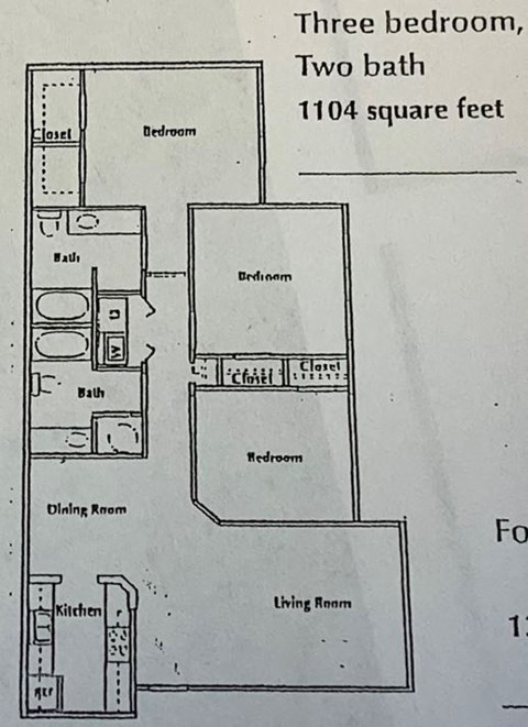 Floor plan for 3 beds, 2 baths, 1104 sqft